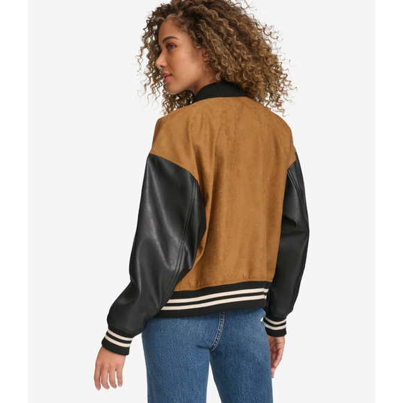 Levi’s Women's Mixed Media Varsity Bomber Jacket, Tan NWT XS - Picture 4 of 12